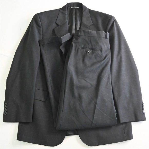 Paul Dione‎ 42R 34x32 Black Windowpane Lee CT 100% Wool Mens Jacket Pants Suit